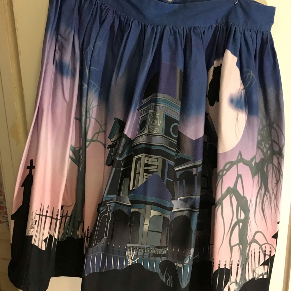 Unique Vintage Haunted Mansion Print Skirt in Navy and Pink Gradient